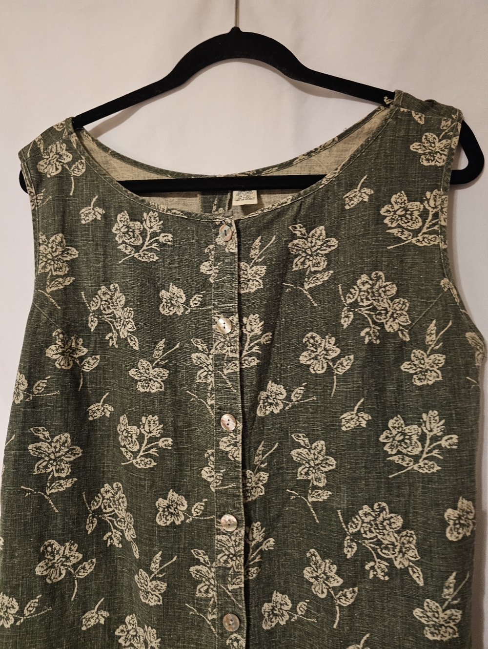 Vintage Green Floral Button-Front Sleeveless Dress
